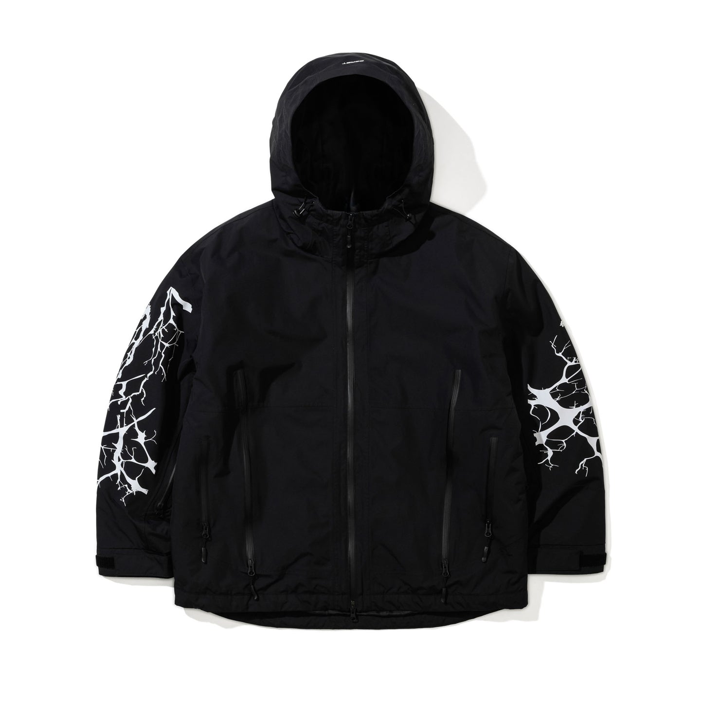 BSR2526FWJK001 DUAL ZIP SEAM SEALING HOODED JACKET INK SPLATTER BLACK