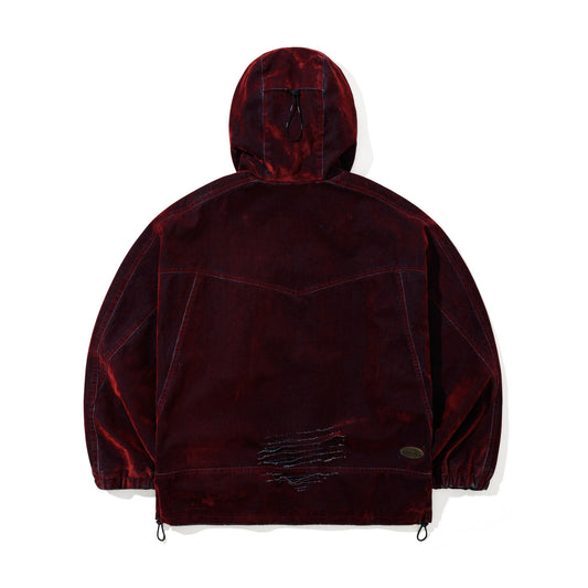 BSR2526FWJK024 DSXBS WAX REAL DENIM HOODED JACKET WORN RED DENIM