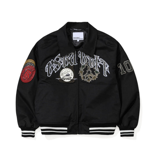 BSR2526FWJK070 CREST PATCH VARSITY JACKET BLACK