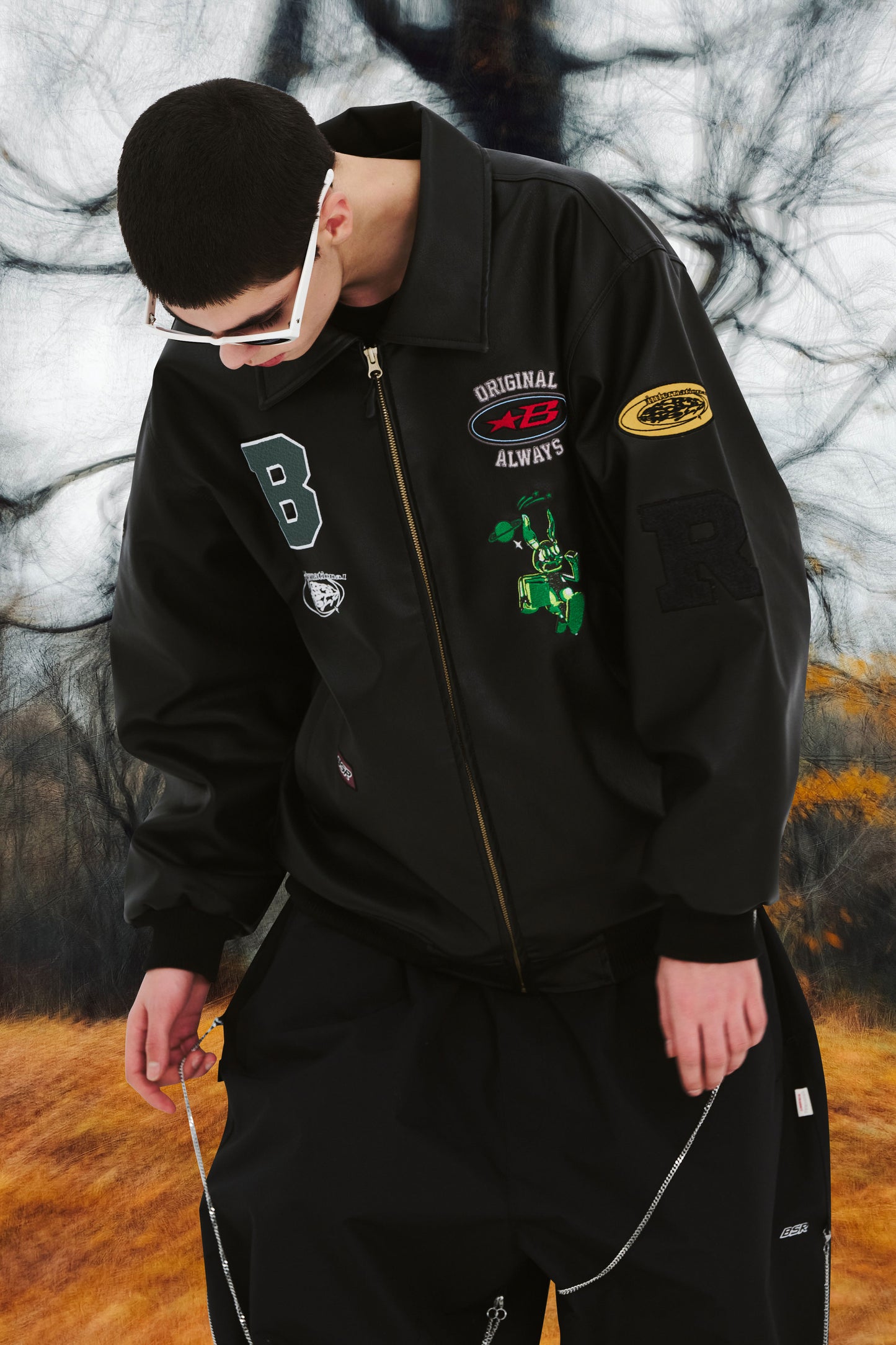 BSRABBIT STAR B VARSITY JACKET VINTAGE LEATHER BLACK BSR2425FWJK042