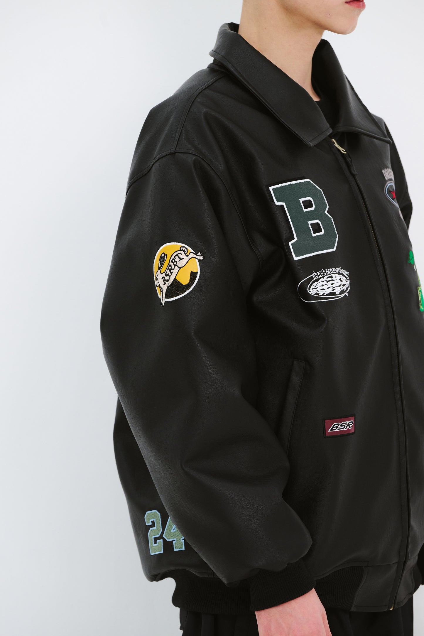 BSRABBIT STAR B VARSITY JACKET VINTAGE LEATHER BLACK BSR2425FWJK042