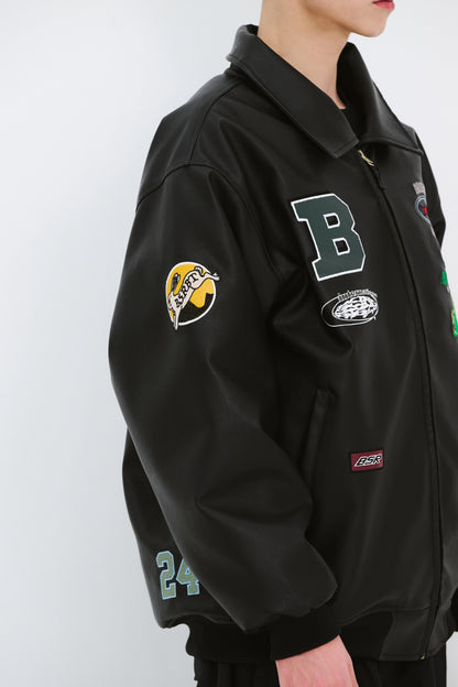 BSRABBIT STAR B VARSITY JACKET VINTAGE LEATHER BLACK BSR2425FWJK042