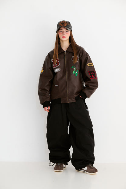 BSRABBIT STAR B VARSITY JACKET VINTAGE LEATHER BROWN BSR2425FWJK041