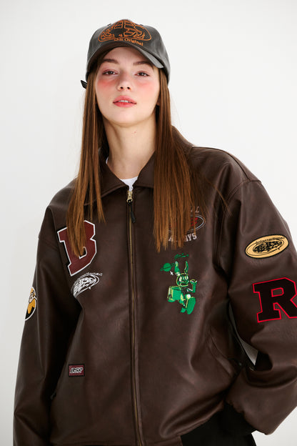 BSRABBIT STAR B VARSITY JACKET VINTAGE LEATHER BROWN BSR2425FWJK041