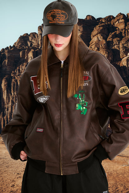 BSRABBIT STAR B VARSITY JACKET VINTAGE LEATHER BROWN BSR2425FWJK041
