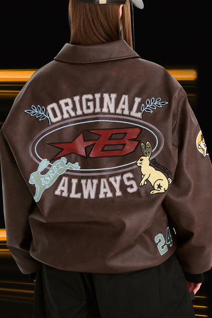 BSRABBIT STAR B VARSITY JACKET VINTAGE LEATHER BROWN BSR2425FWJK041