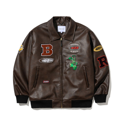BSRABBIT STAR B VARSITY JACKET VINTAGE LEATHER BROWN BSR2425FWJK041