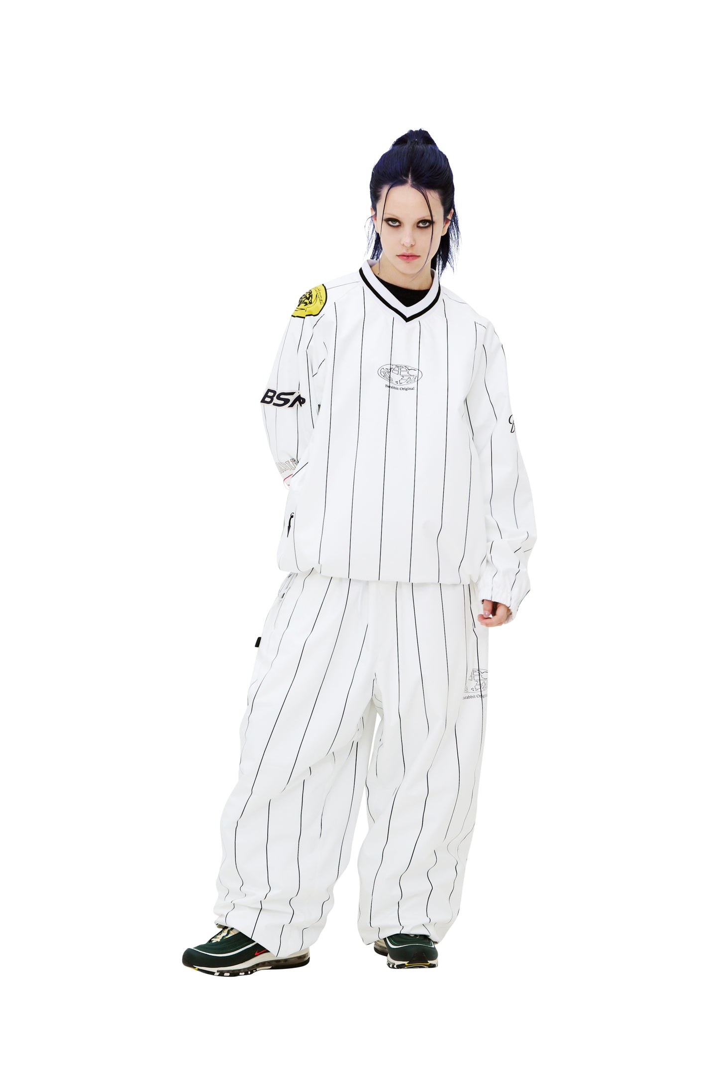 BSRABBIT STRIPE SPORTY SUPER WIDE JOGGER PANTS WHITE BSR2425FWPT056